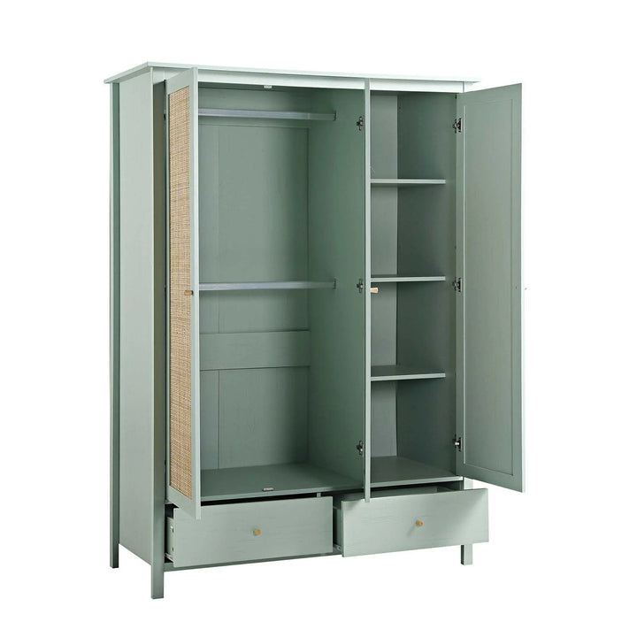 Premium Cane & Wood 3-Door Wardrobe with Storage Drawers