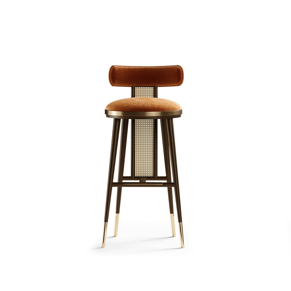 Amber Velvet Bar Stool with Cane Back & Gold Accents