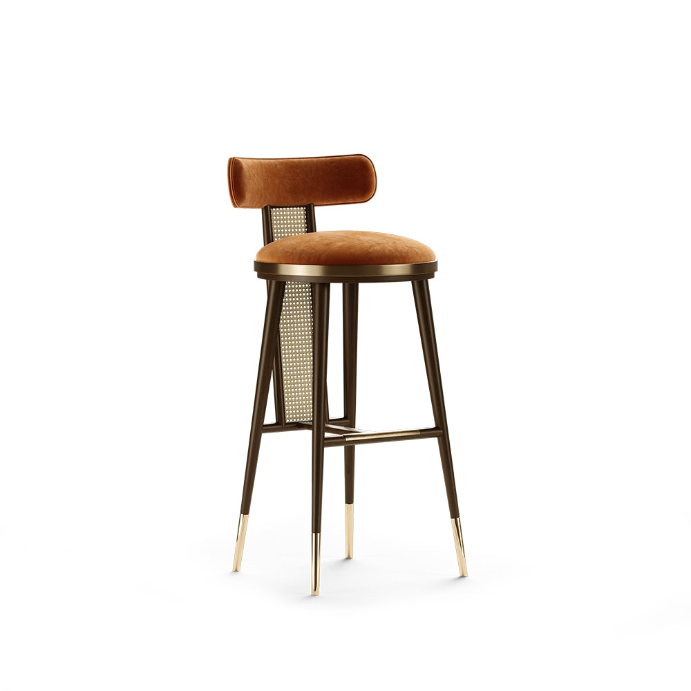 Amber Velvet Bar Stool with Cane Back & Gold Accents