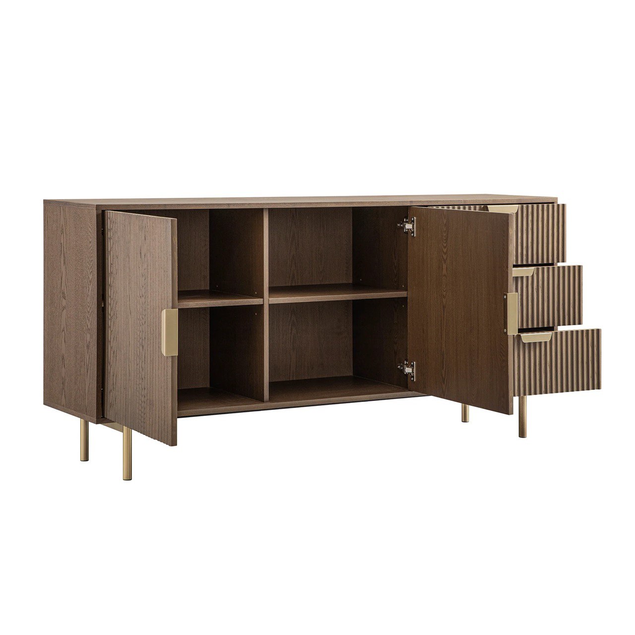 Modern Ribbed Wood Sideboard with Brass Accents