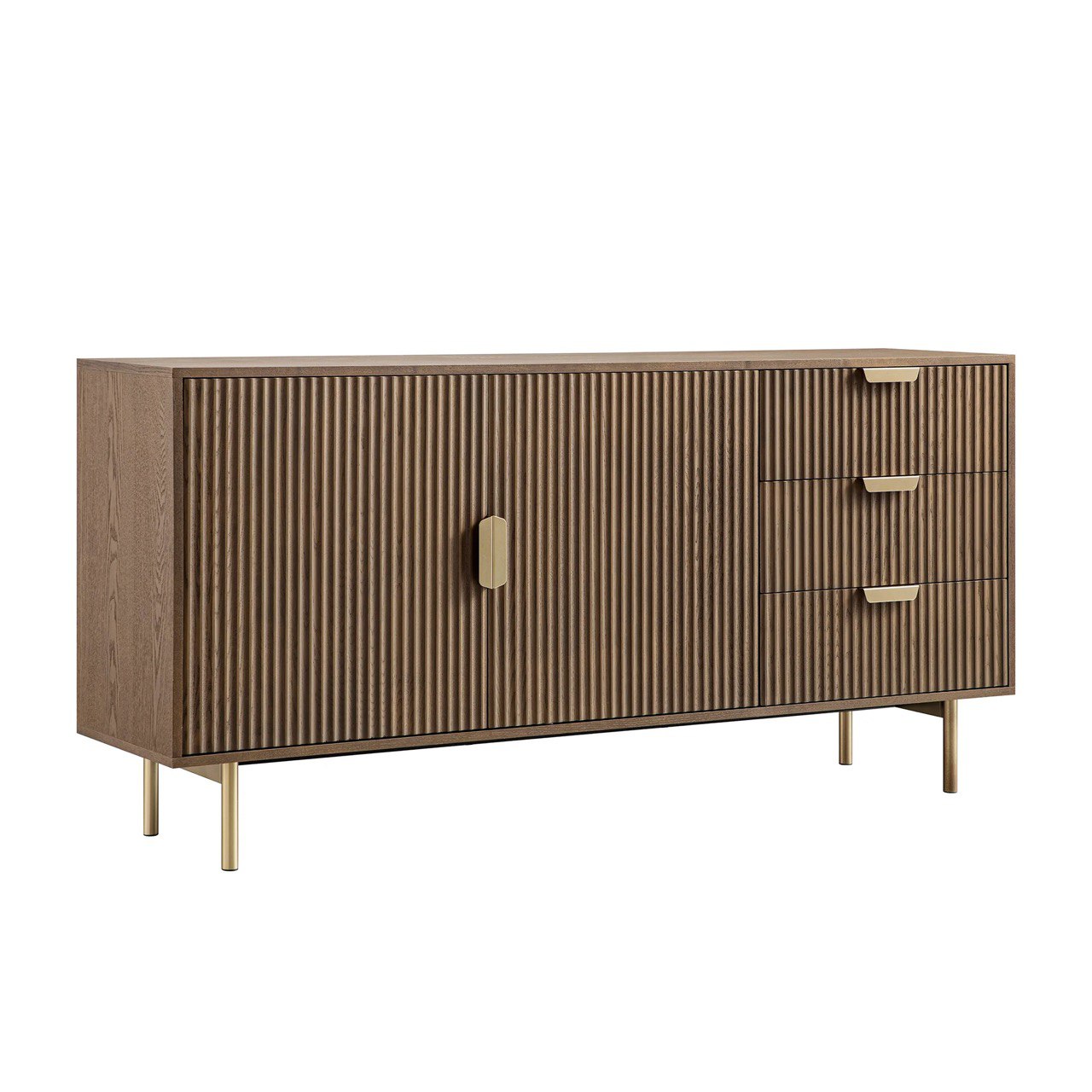 Modern Ribbed Wood Sideboard with Brass Accents