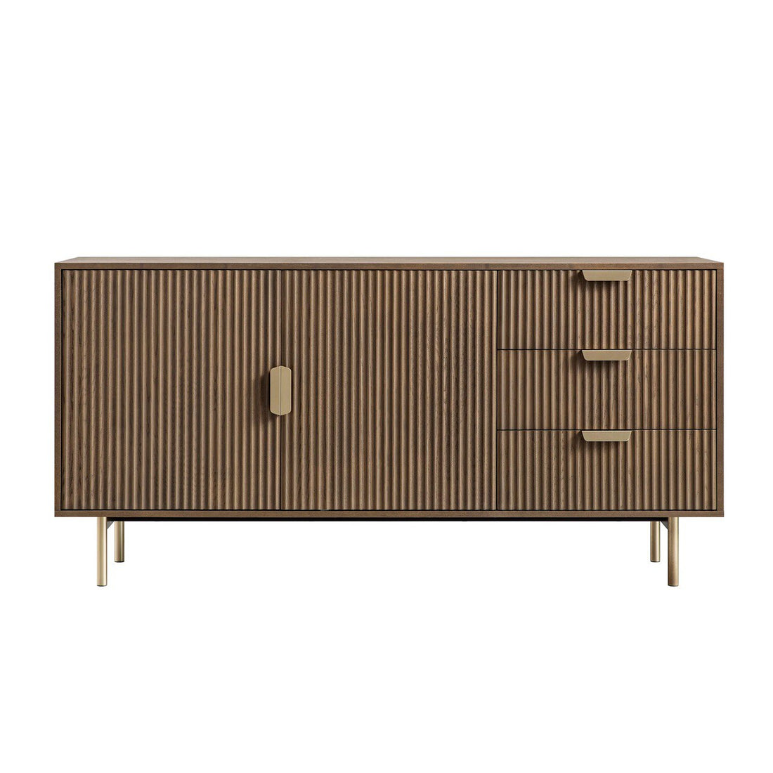 Modern Ribbed Wood Sideboard with Brass Accents