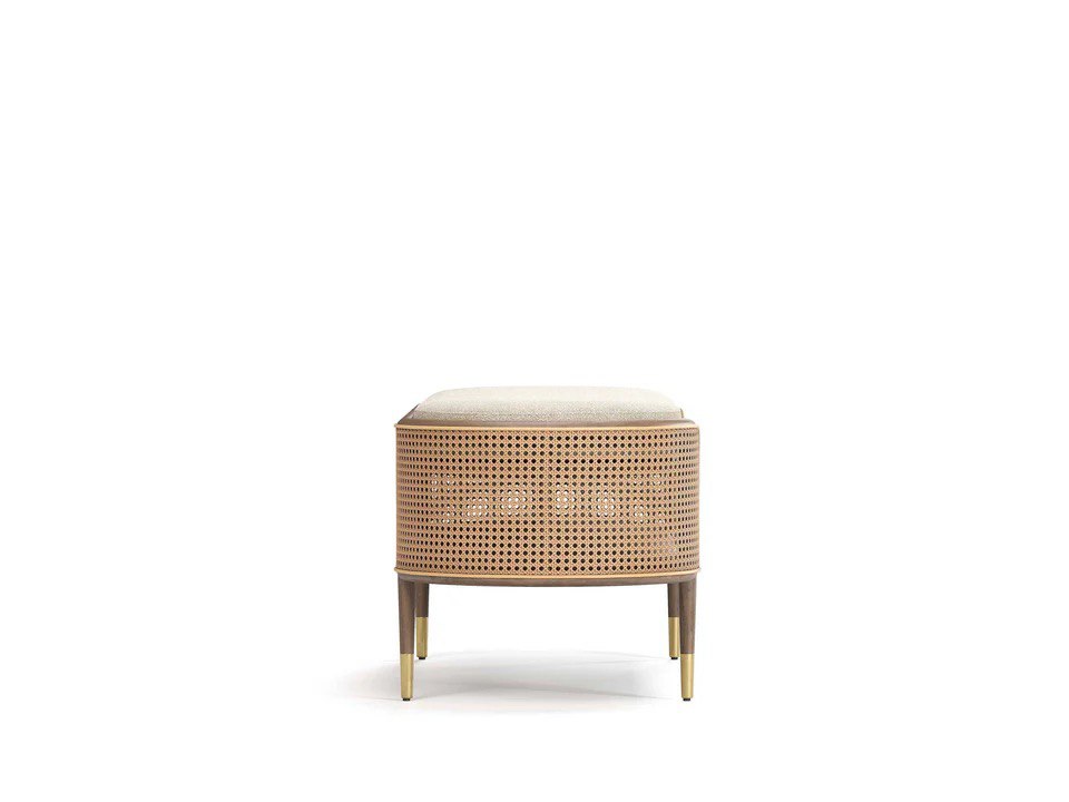 Elegant Rattan & Wood Upholstered Bench