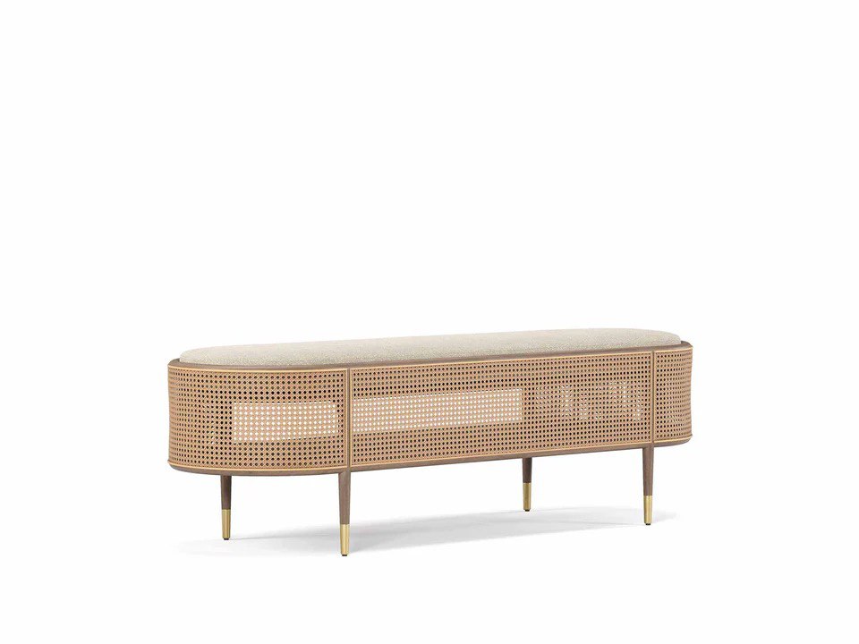 Elegant Rattan & Wood Upholstered Bench