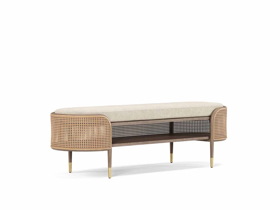 Elegant Rattan & Wood Upholstered Bench