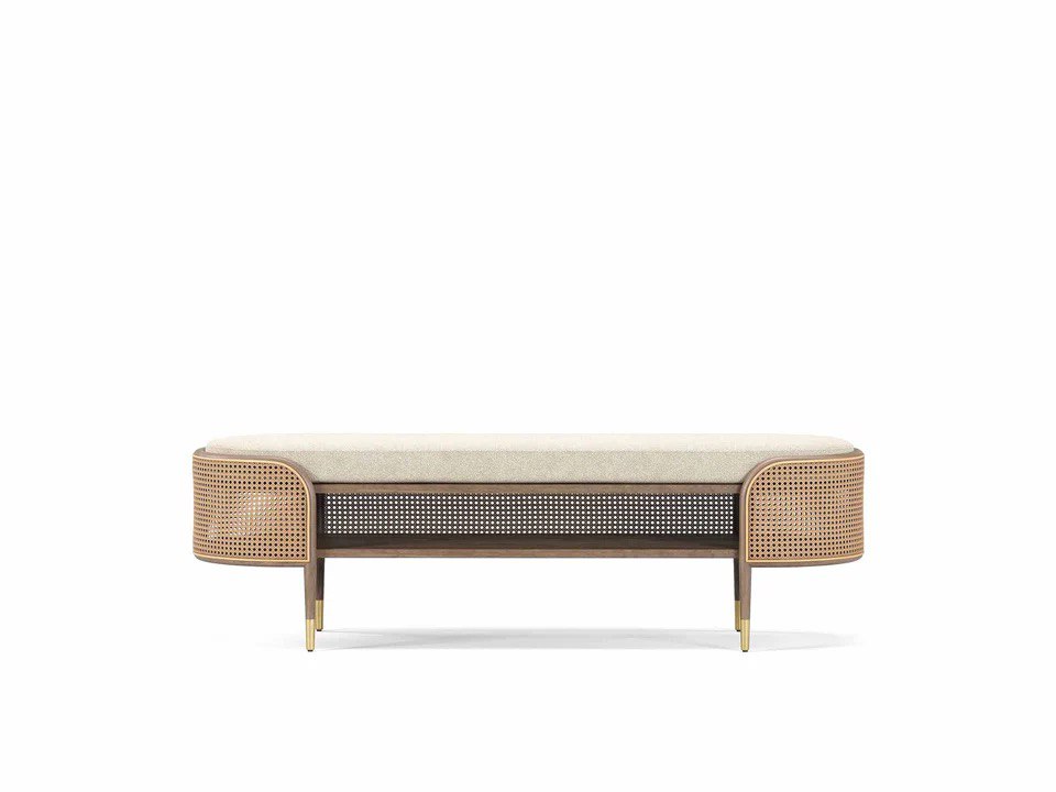 Elegant Rattan & Wood Upholstered Bench