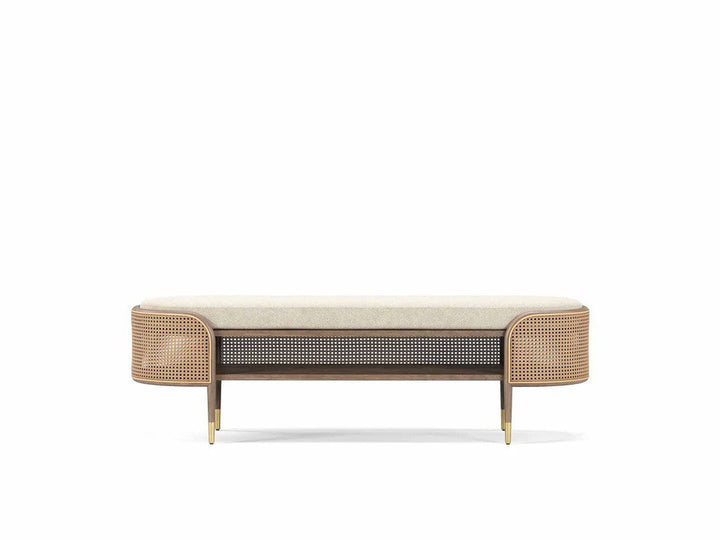 Elegant Rattan & Wood Upholstered Bench